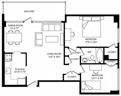 Floor plan for 2 beds, 1 bath, 878 sqft